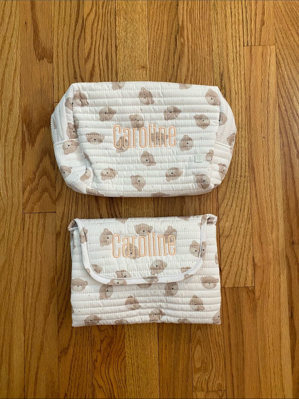 Personalized Quilted Diaper Pouch & Changing Mat in Cream with Beige Bear Motif